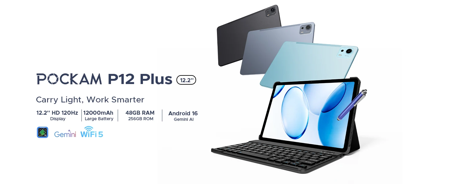 POCKAM P12PLUS 12-inch Android Tablet, 16 GB, 12,000 mAh/18 W, T7300 Octa-core, 2.4K at 120 Hz, 48GB RAM + 256GB ROM/2 TB microSD, Wi-Fi, 8MP + 13 MP, Gemini AI, Face ID, OTG, Tablet with Keyboard and Pen