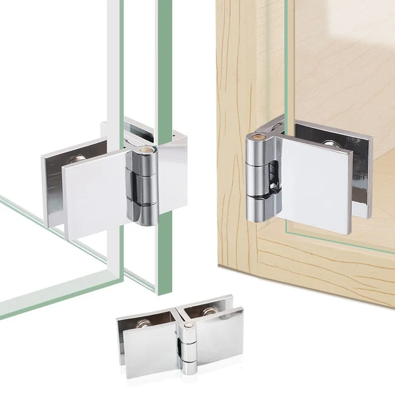 4Pcs Shiny Chrome Solid Brass Zinc Wine Cabinet Hinge Showcase 5-8mm Glass Door 0 90 180 Degrees