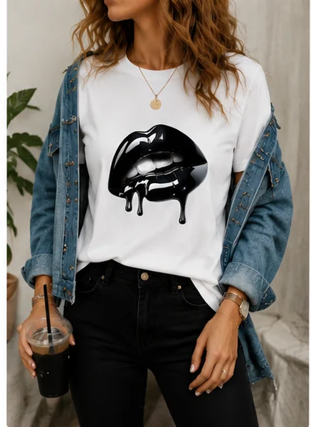 Women'S Oversized Lips Print T-Shirt with Glossy Lip Design Breathable Round Neck Short Sleeve Casual Top Fashion Kawaii T-shirt