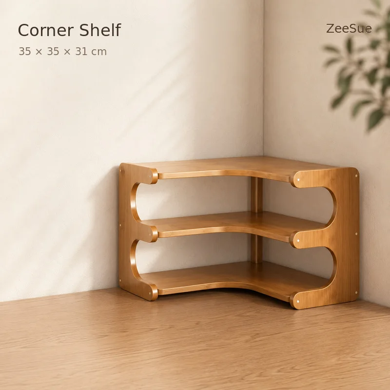 3-Tier Bamboo Corner Shelf Organizer, Space-Saving Countertop Storage Rack for Mugs, Coffee Bar, Kitchen, Office and Bathroom