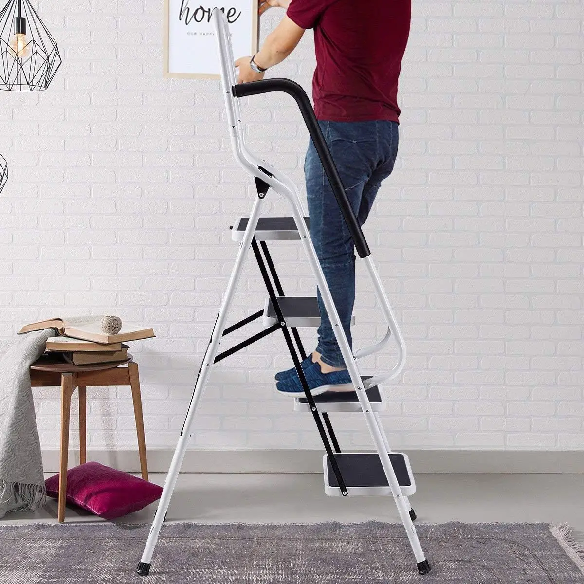 Escalera plegable de 4 peldaños con pasamanos, escalera portátil compacta, tapete antideslizante, almacenamiento sencillo, escalera para el hogar, cocina, oficina, bricolaje, carga máxima de 150 kg