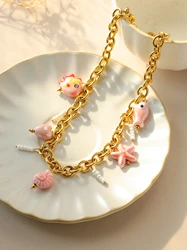 Women's small fish love conch starfish ceramic pendant necklace bohemian style summer cute ocean beach stainless steel beaded