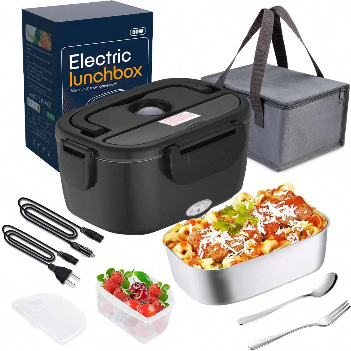 

Электрический ланч-бокс 80 Вт, 1,5 л, из нержавеющей стали, портативный для автомобиля и офиса, с адаптером, столовыми приборами и сумкой, черный/синий