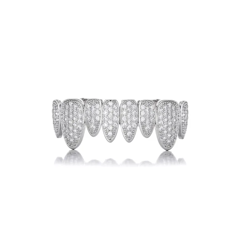 Hip Hop Full Iced Out Stones CZ Teeth Grillz Caps 2 Colors Cubic Zircon Micro Pave Top&Bottom Charm Grills For Men Women Jewelry