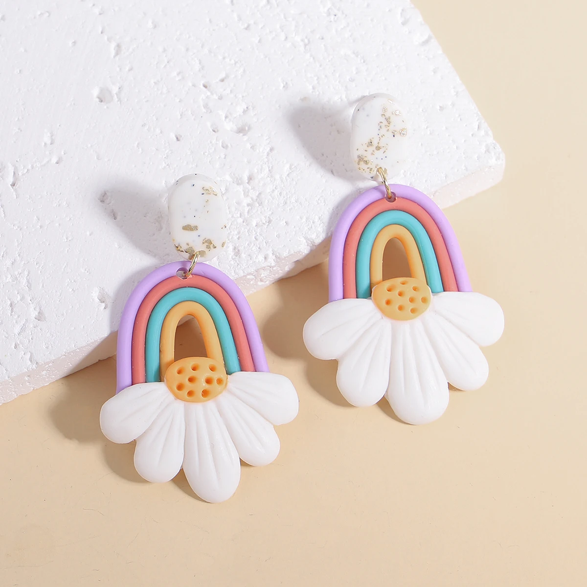 Lifefontier Sweet Rainbow Arched Flower Polymer Clay Earrings For Women Trendy Handmade Geometric Drop Earring Charm Jewelry