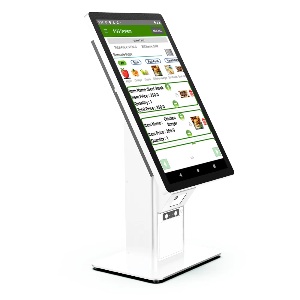 21.5 inch Desktop self ordering kiosk for restaurants with Android 11 or windows 10 OSD, 88mm printer, scanner, wifi, RJ45