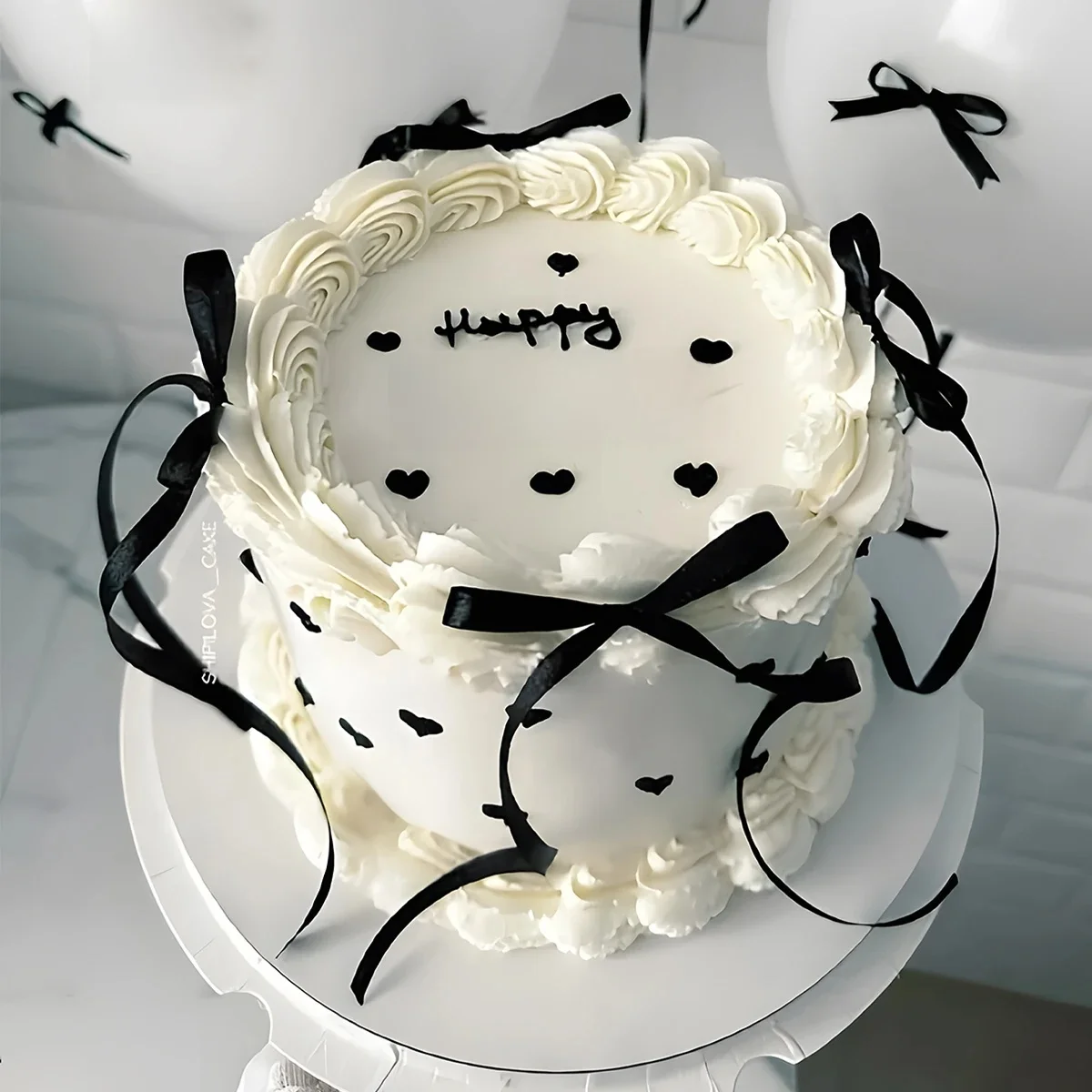 Ribbion Bow Cake Topper avec signe joyeux anniversaire Coquette thème fête noir Vintage gâteau Topper pour coeur gâteau Vintage gâteau