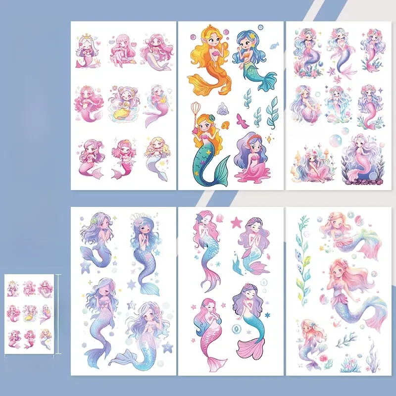 Tatouage temporaire imperméable pour bras et dos de main de sirène à paillettes, faux tatouage réaliste imperméable longue durée, 6 pièces