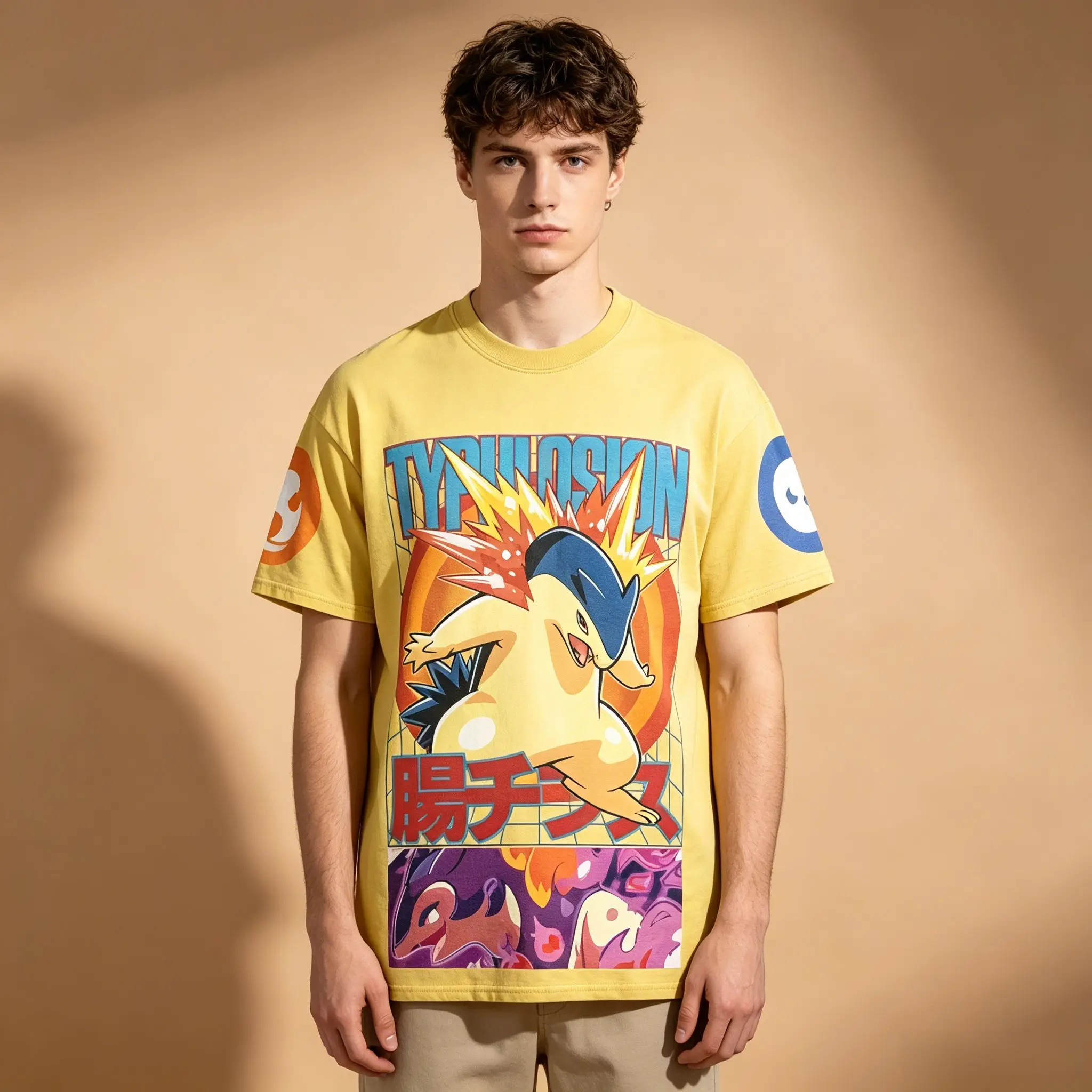 camiseta-retro-de-anime-masculina-estampa-de-poster-de-manga-grid-do-pokemon-typhlosion-tipo-fogo-camiseta-casual-amarela-de-manga-curta-para-otaku