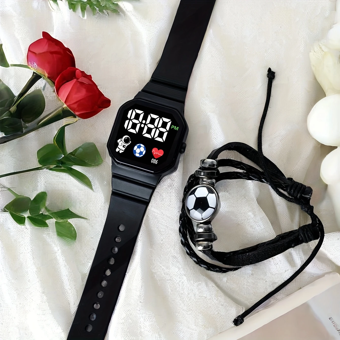 2-Piece Set of Black Silicone Digital Watches Paired with a Simple Football Series Bracelet Set, Suitable for Daily Wear and Various Occasions Such as Holiday Parties