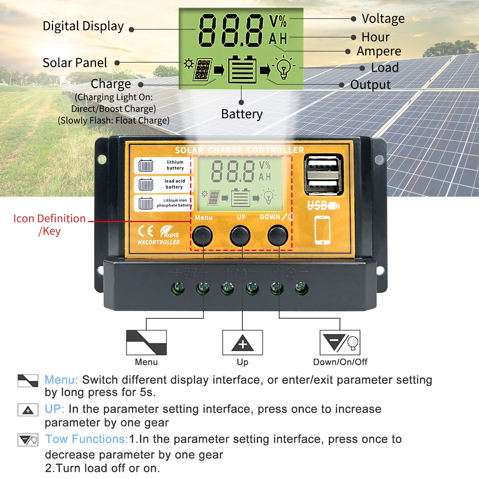 Solar Charge Controller 10A 20A 30A 40A HD Colorful Screen Display  12V 24V PWM Dual USB Solar Charge And Discharge Controller