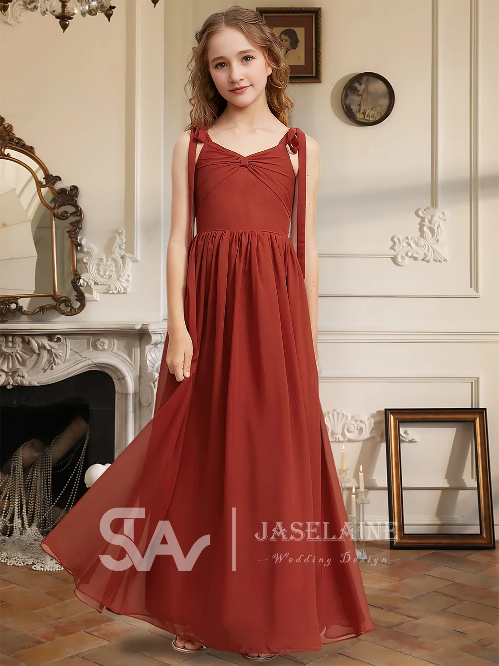 เด็ก A Line V คอชั้นยาวชีฟองชุดเพื่อนเจ้าสาวยูเนี่ยนชุดสาวดอกไม้ชุดสาวงานแต่งงานอย่างเป็นทางการโอกาสพิเศษ