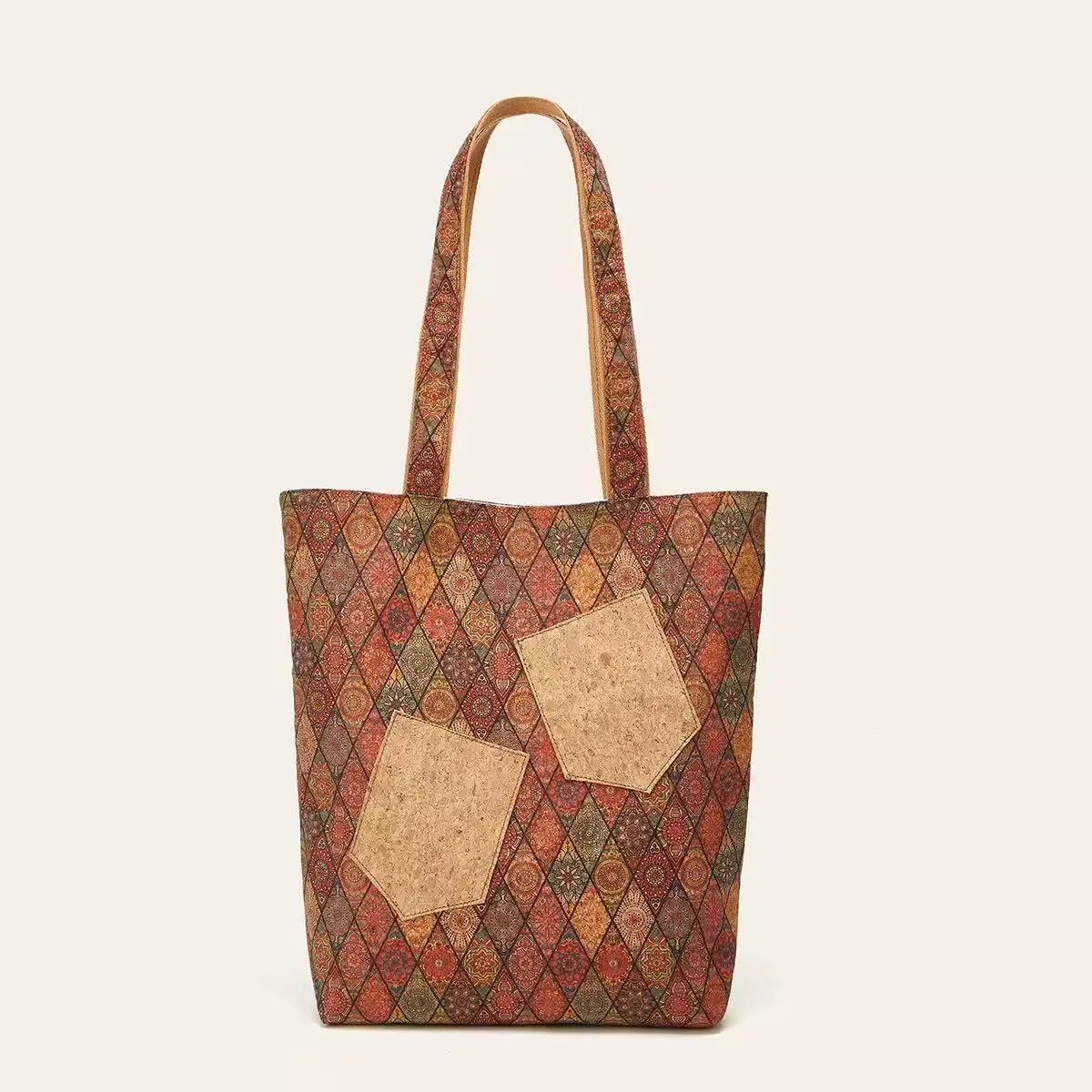 

Пробковая большая сумка в стиле бохо, теплая мандала с ромбовидным принтом, веганская эко-сумка на плечо большой вместимости, женская этническая сумка