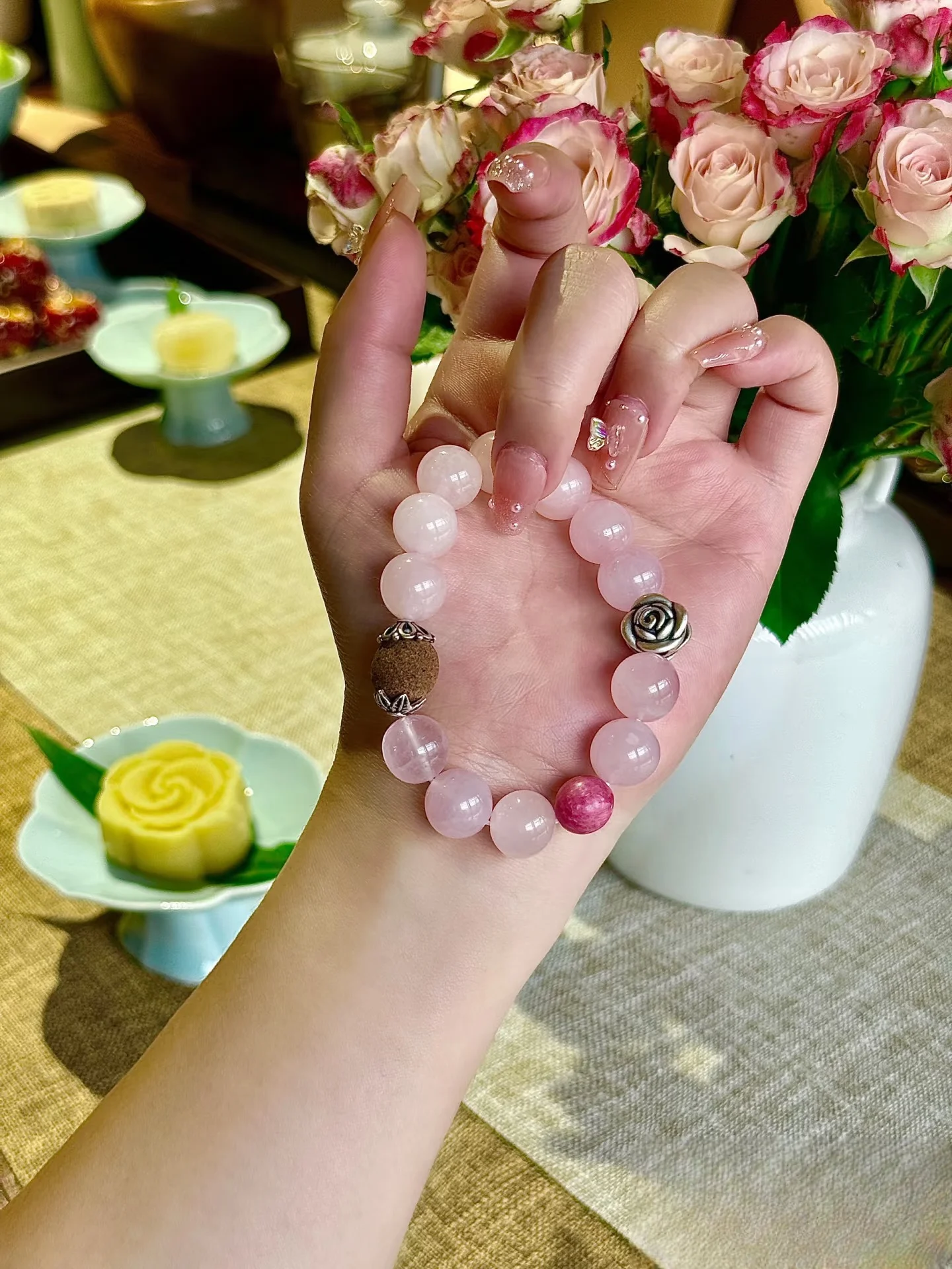 Attract Love & Charm Crystal Bracelet, Madagascar Rose Quartz, Sunstone, S925 Silver, Boost Romance & Connections, Heal Relation