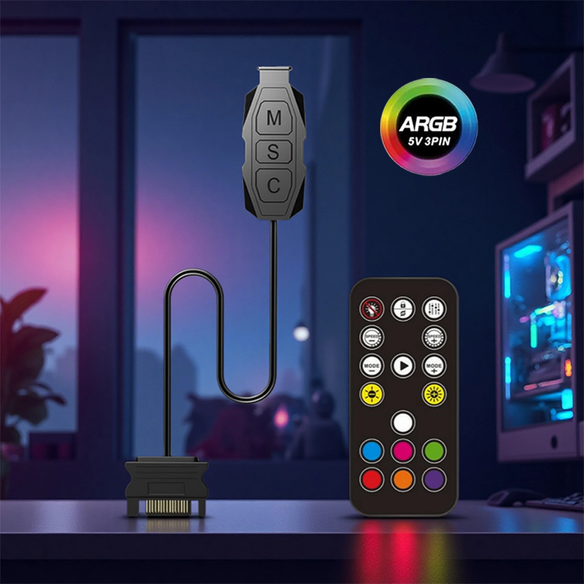 

Computer case ARGB controller kit, 5V 3PIN to SATA power supply, Aura PC ARGB light control module, with 17-key remote control