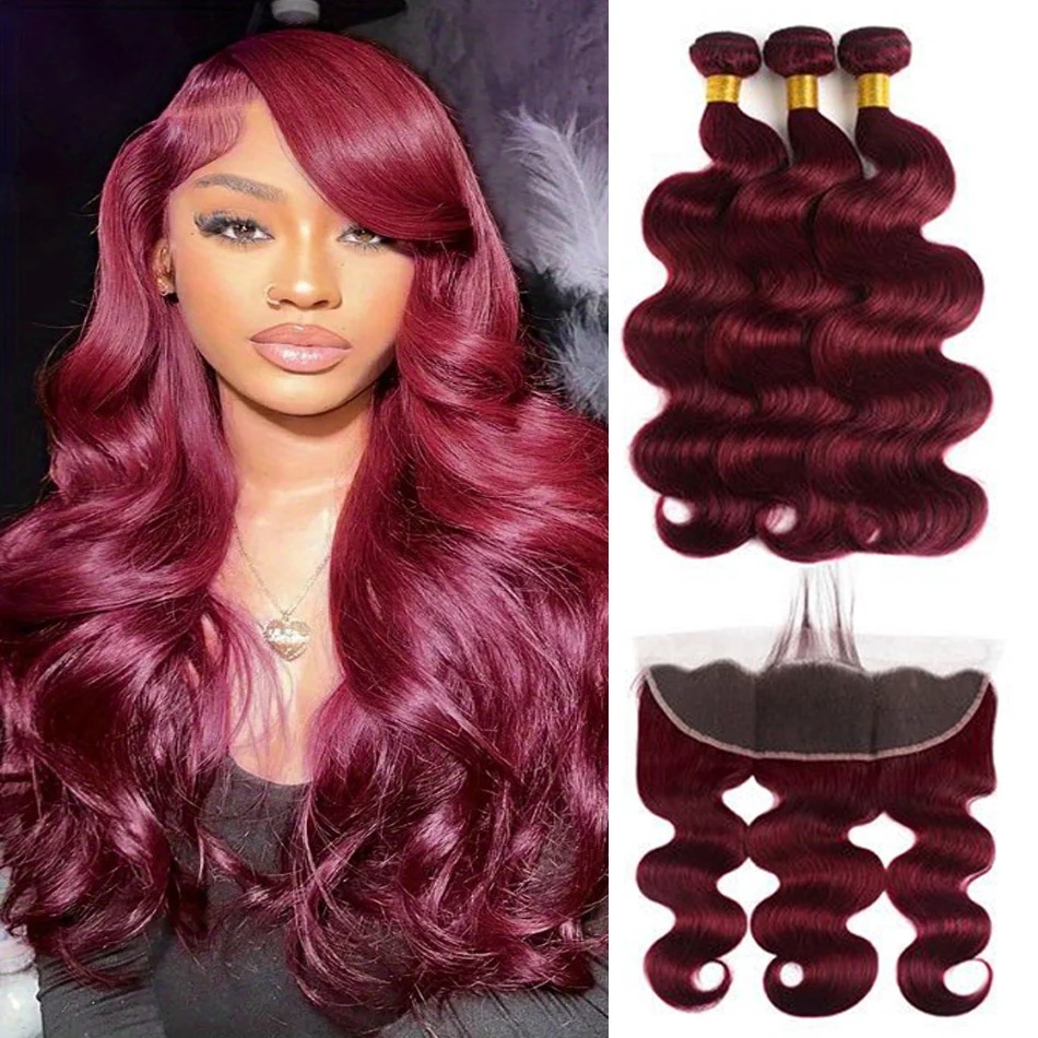 Burgundy # 99J Body Wave 2 bundel dengan Frontal Brazilian Virgin Remy rambut bergelombang 3 bundel dengan 13 × 4 renda Frontal anggur berwarna merah