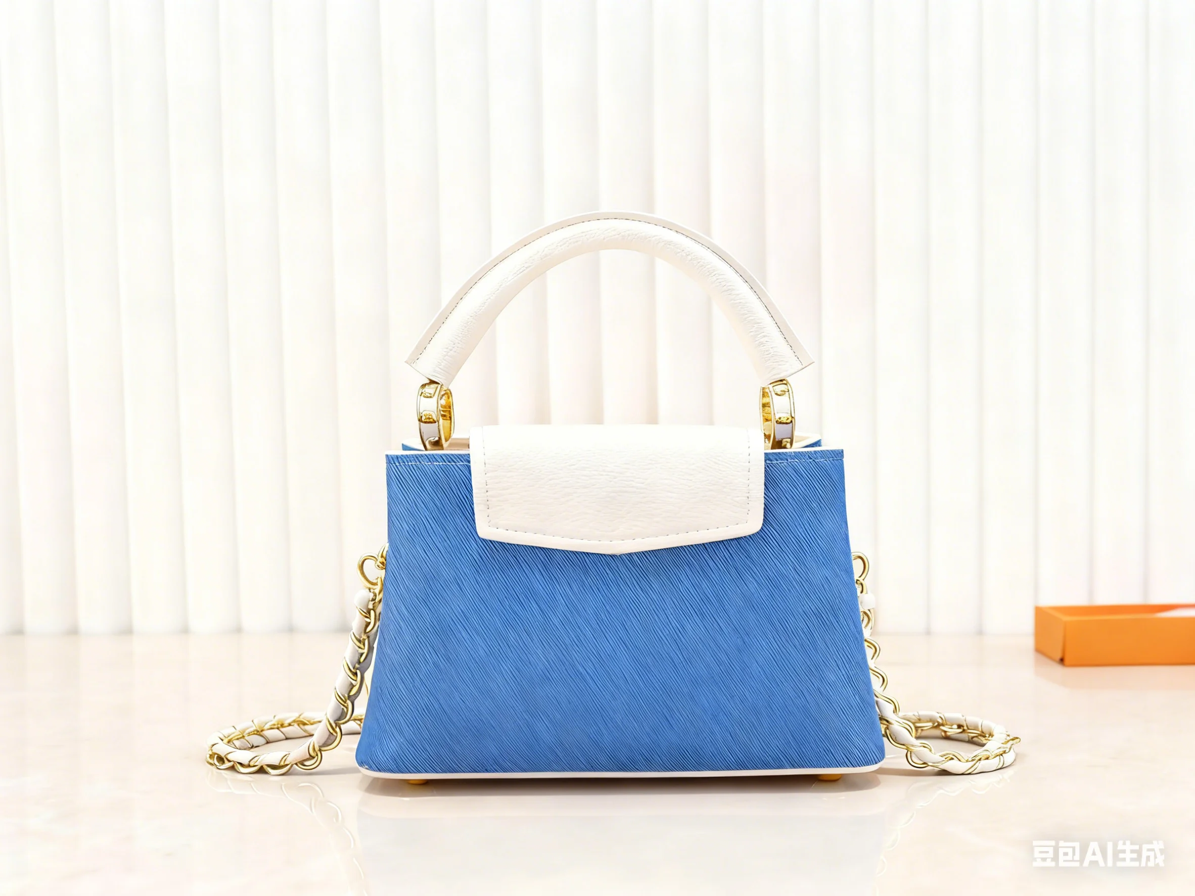 Bolso con asa superior de cuero genuino azul y blanco para mujer: elegante bolso de hombro tipo bandolera con cadena dorada y superficie texturizada