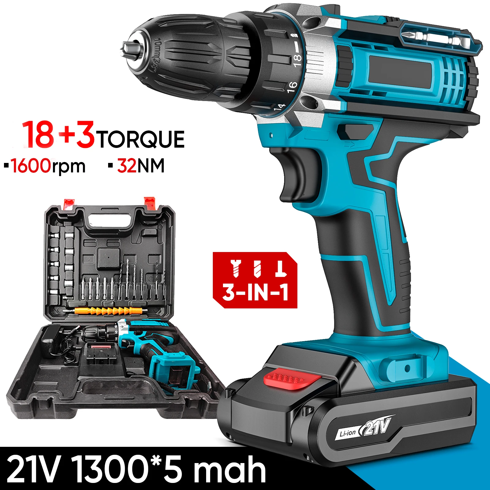 Perceuse à percussion sans fil 21V 1350 tr/min, perceuse électrique rechargeable haute puissance, batterie au lithium, tournevis multifonctionnel
