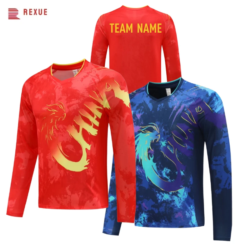 Camisa chinesa de tênis de mesa de manga comprida para homens e mulheres, vermelho e azul, equipe chinesa de badminton jersey, pode imprimir o logotipo do nome da equipe, 2024