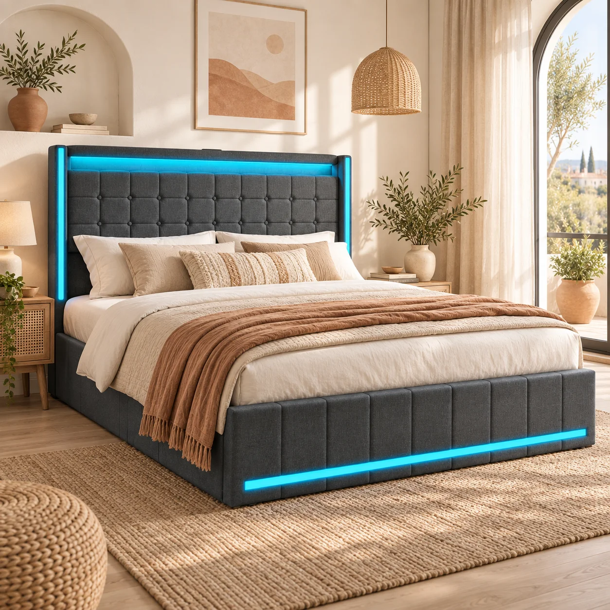 Lit coffre 140/160x200 avec Sommier, lit adulte, lits 2 Personnes ,lit avec 4 tiroirs, lit coffre en coton, lit rembourré, gris, lin