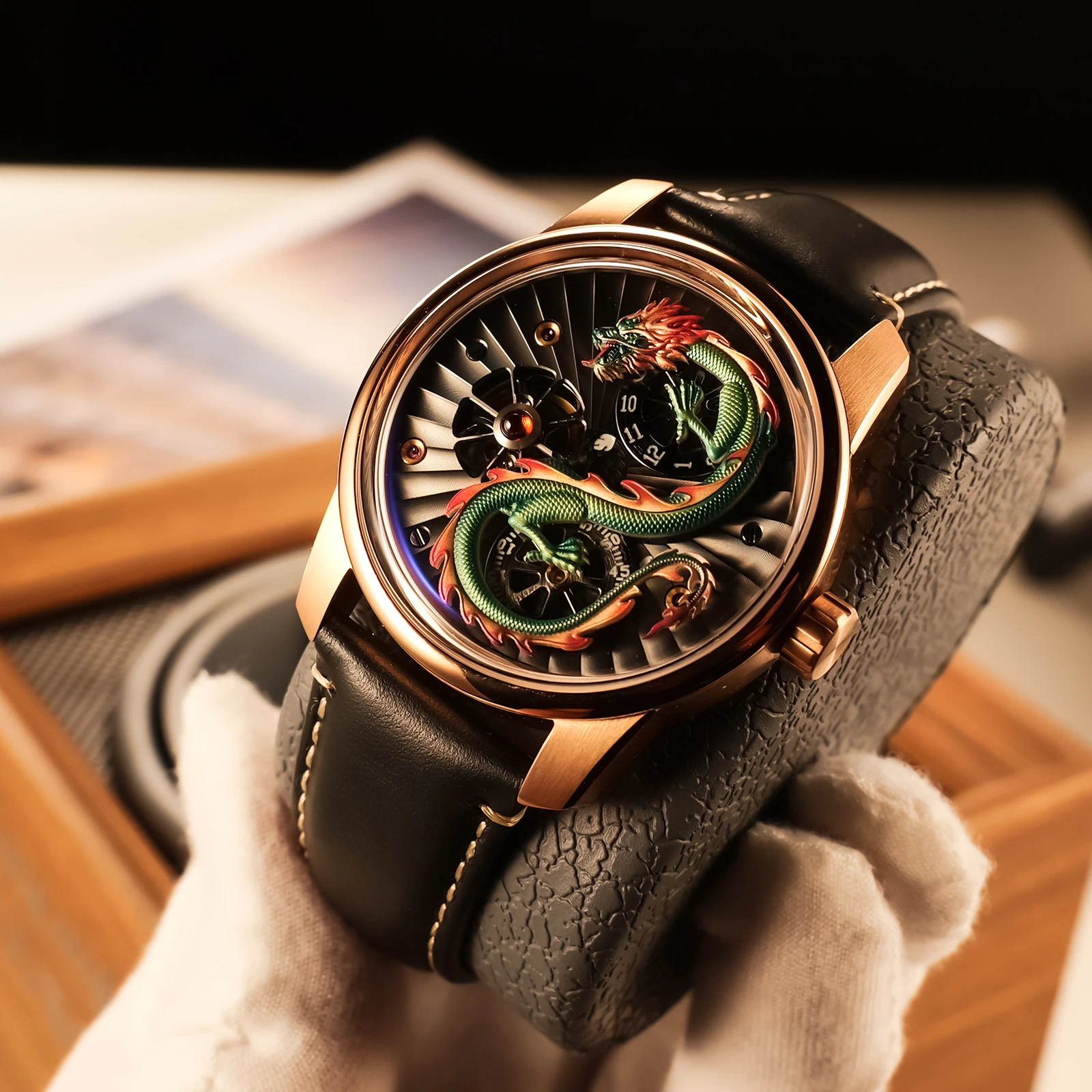 OBLVLO Luxury Rose Gold Green Dragon Mechanical Automatic Watch for Men Waterproof Black Leather Claasic Watches Clock JM-DRAGON