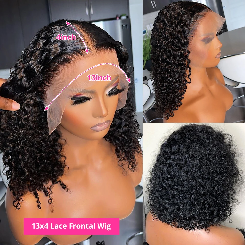 Deep Wave Frontal Wig Transparent 13x4 Lace Front Human Hair Wigs Pre Plucked Human Hair Brazilian Short Curly Bob Wigs 8-16Inch