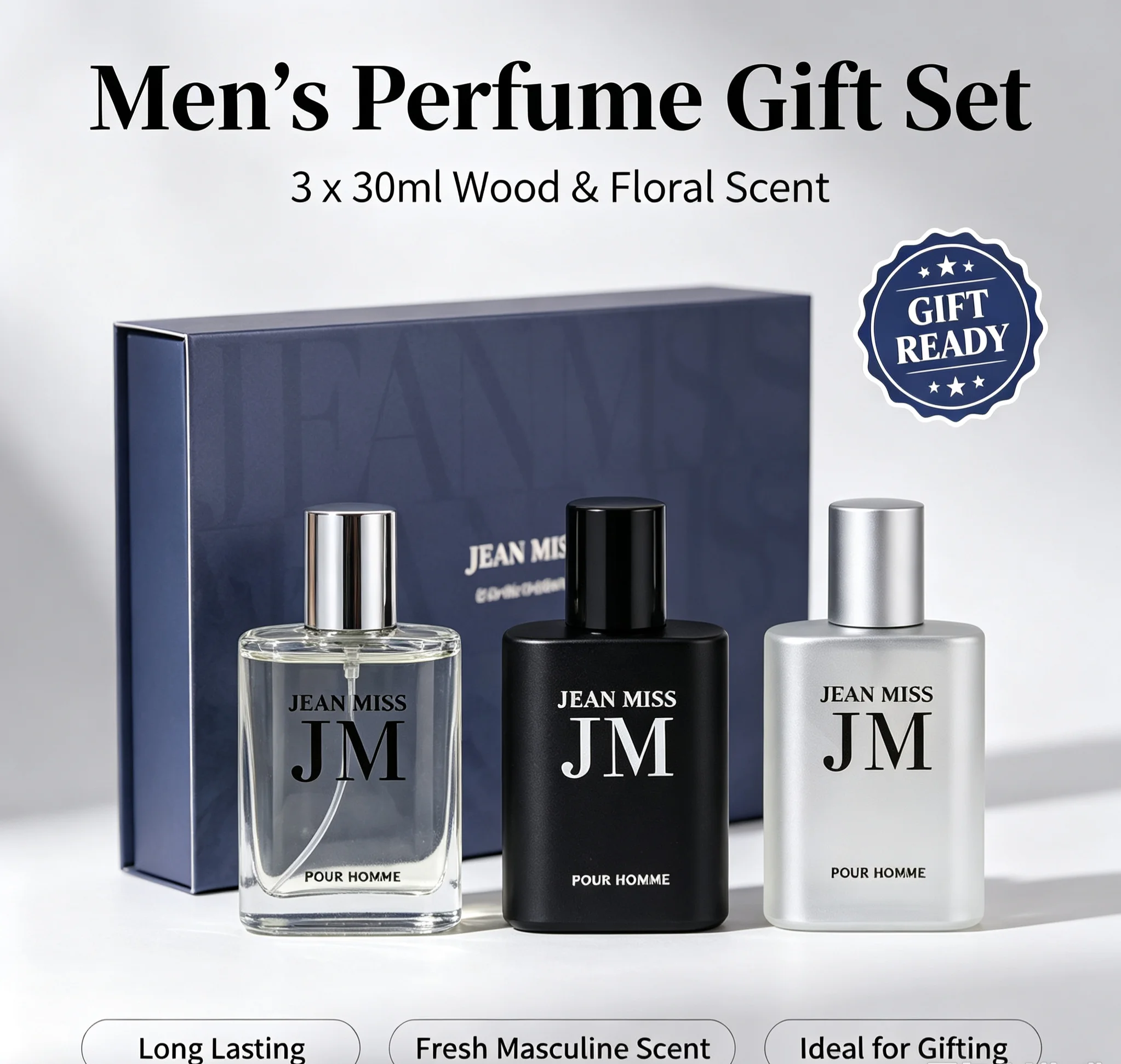 Men Perfume Gift Set 3×30ml, Fresh Citrus Woody Floral Scent, Long‑Lasting Eau De Parfum, Ideal Christmas Valentine Birthday Gift for Him