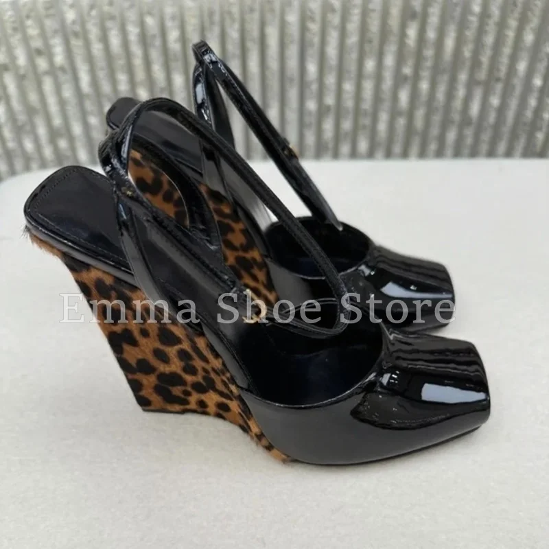 

Square Toe Leopard Print Wedge Heel Sandals Ankle Patent Leather Strap Platform Ladies Shoes Fashion Casual Dress Shoes Banquet