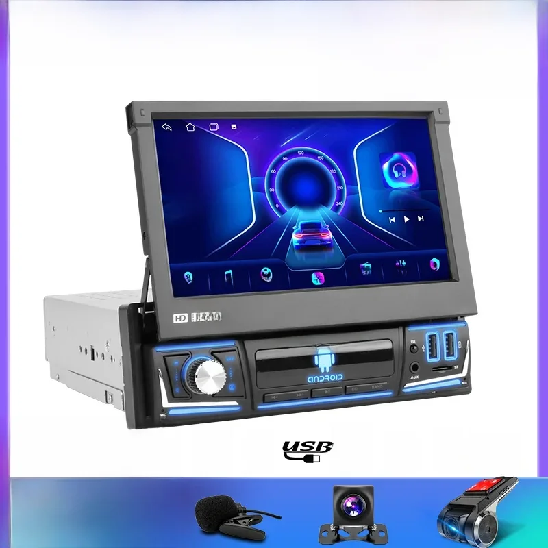 1 Din Autoradio Android 12 GPS-Navigation einziehbar 1din Touchscreen Multimedia-Player Universal 7"