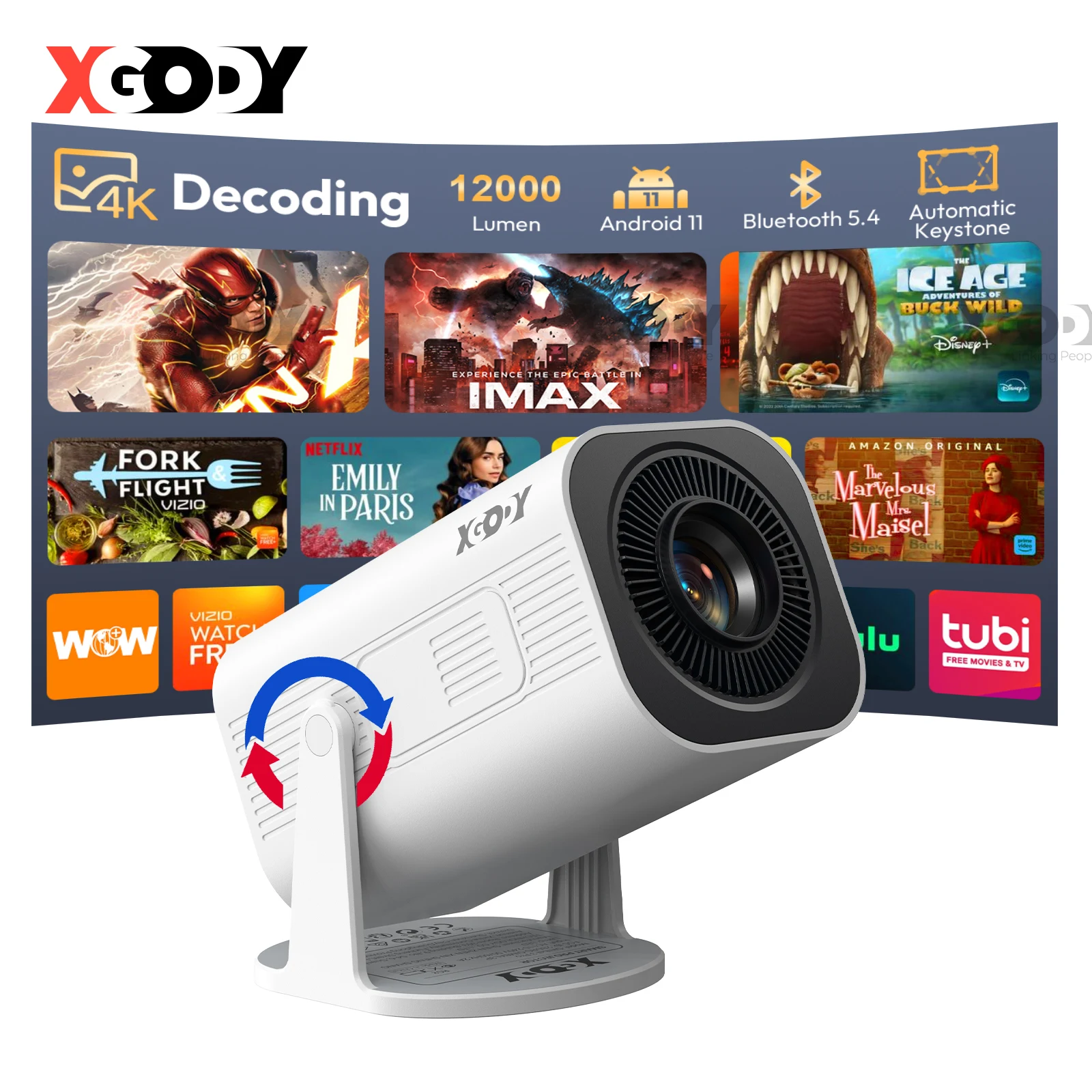 XGODY Gimbal 3 Pro 4K projector Wifi6 Android Mini Beamer 300 ANSI Dual WIFI BT5.4 1280*720P Home Theater Outdoor Portable