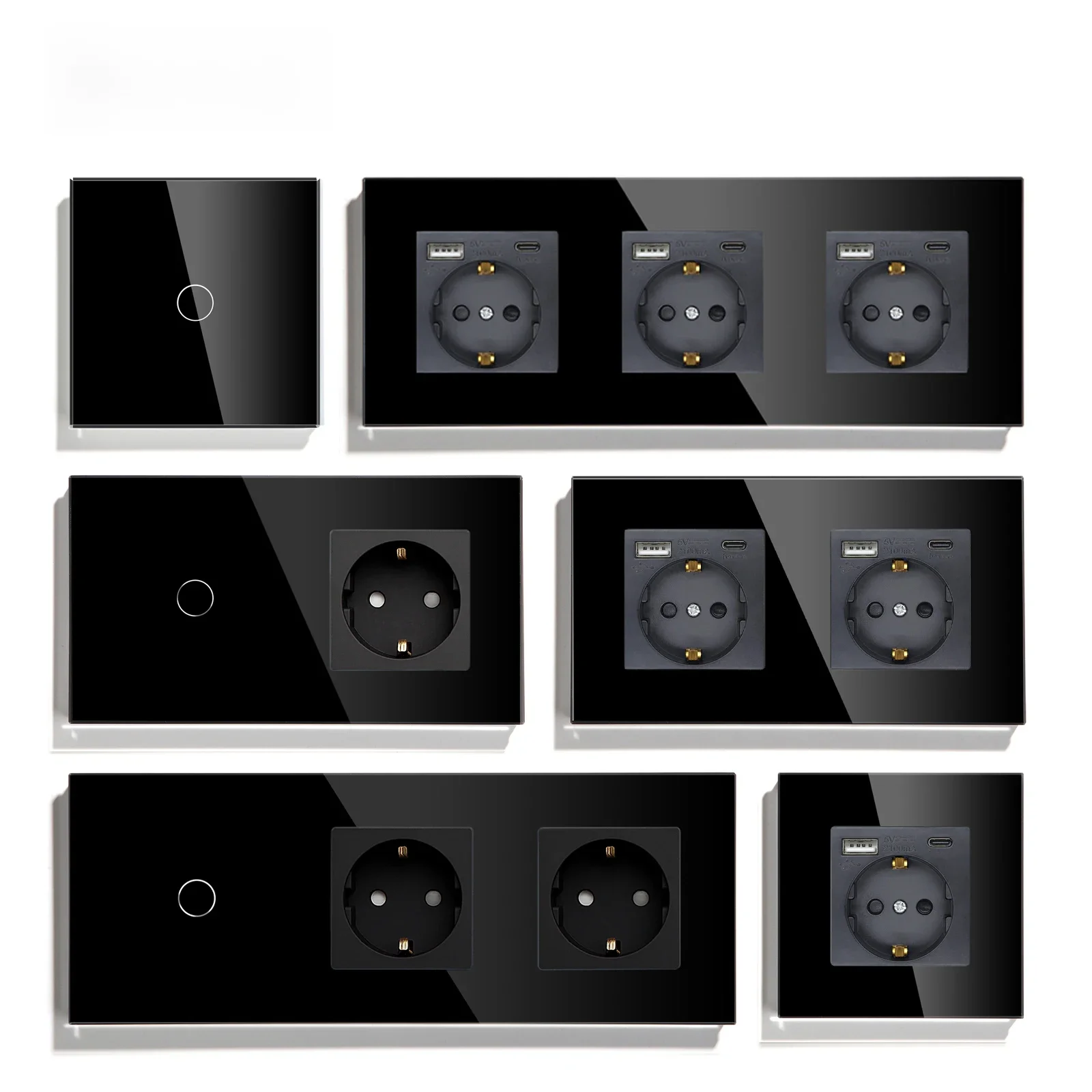 BSEED 1/2/3 commutateurs tactiles interrupteur d'éclairage 1 voie avec prises murales ue prises de courant USB type-c panneau de verre noir