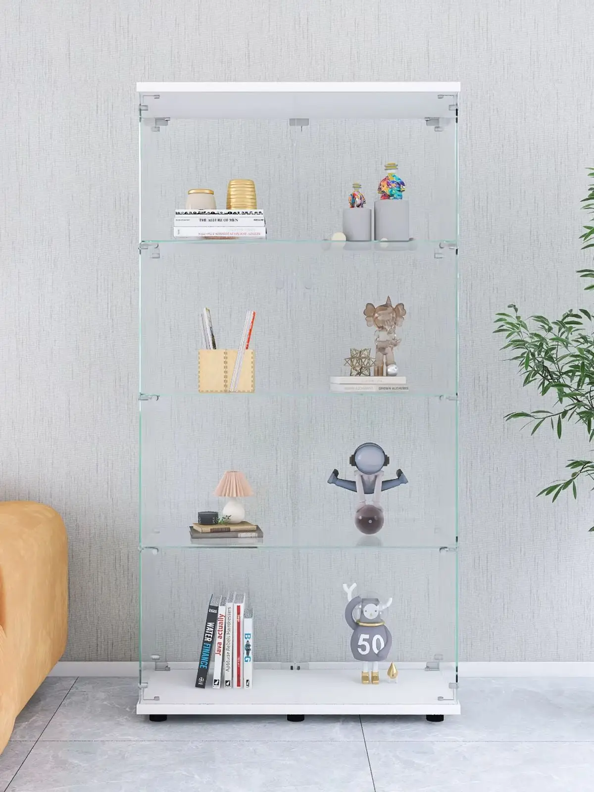 Glasvitrine Standvitrine, 4 Lagen Vitrine aus Glas mit 2 Türen, Wohnzimmerschrank Regal Glas Schrank Case, Vitrinenschrank Für Wohnzimmer Schlafzimmer Büro, Weiß, 164x80.5x36cm