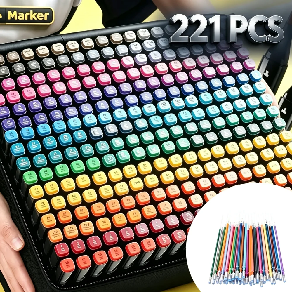 221pcs Colors Double Tip Permanent Art Marker Pens for Drawing Painting Sketching Comics Design School Supplies (The Set Includes 120pcs Of Markers, 101 Gel Replacement Pen Cartridge)