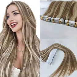 Extensiones de cabello de cinta en 100%, extensiones de cabello humano, cinta de trama de piel sin costuras, # P8/613, cabello virgen de 16-26 pulgadas