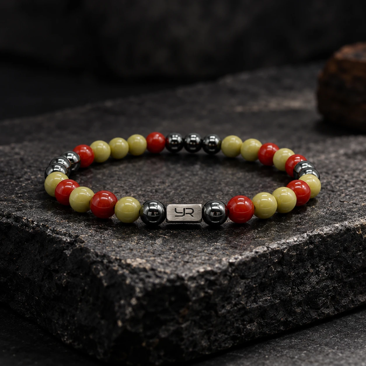 YOUNG&RICH 6mm Men's Beaded Bracelet Olive Green Orange Red Vintage Style Jewelry Birthday Anniversary Gift for Him