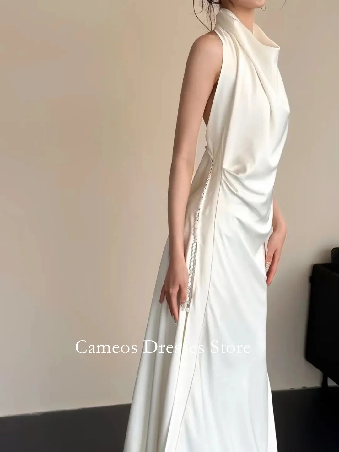 SONDR Customized High Neck Sexy Backless Sleeveless Wedding Dresses Sweep Train Ruched Ivory Brides Gowns Women Bridal Dresses