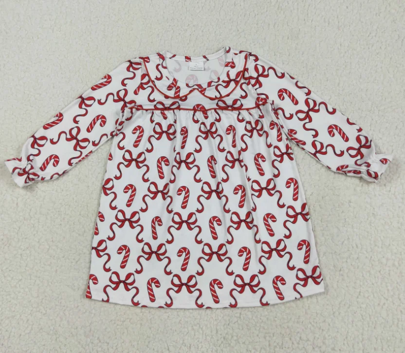 

GLD1130 Teen Girls Candy Cane Red Bows Print Frock Dress Girls Christmas Knee Length Long Sleeve Dress