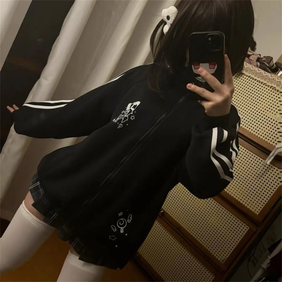 Preppy-Style Mode Niedliche Japanische Reißverschluss-Strickjacke Harajuku Punk Grunge Lockerer Umlegekragen Y2k Hoodies Lässige Sweatshirts – Detail 2