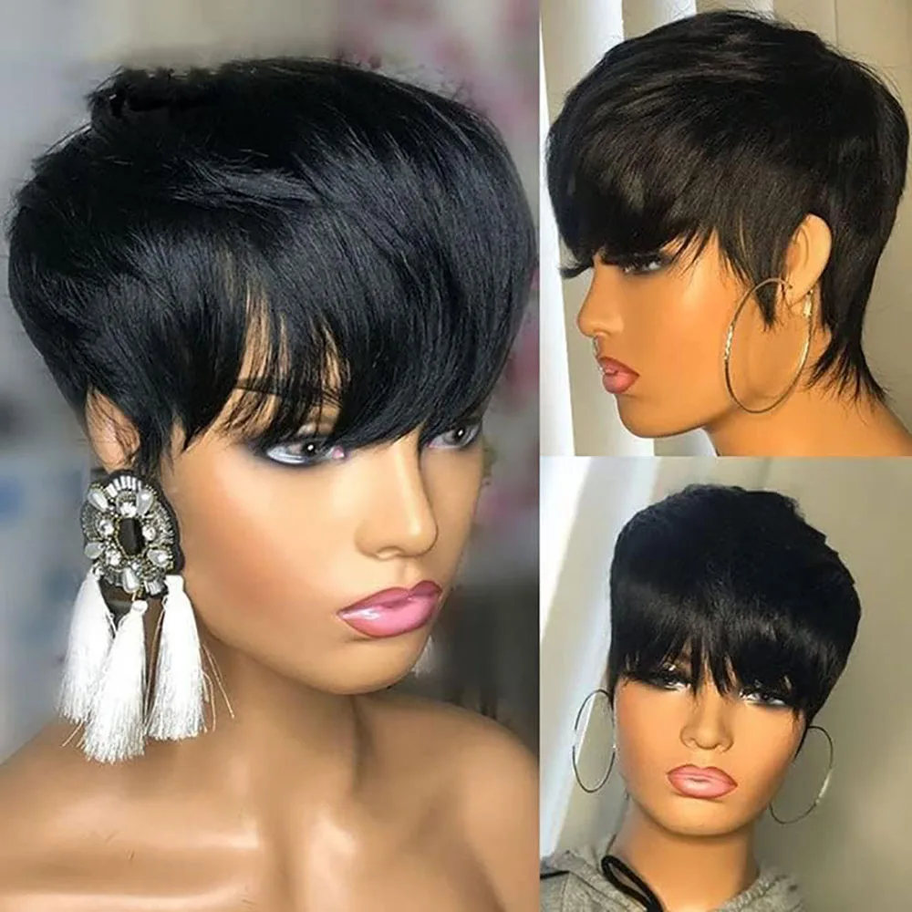 Perucas curtas de corte pixie cabelo humano perucas curtas para mulheres negras perucas sem cola pré arrancadas perucas curtas com franja