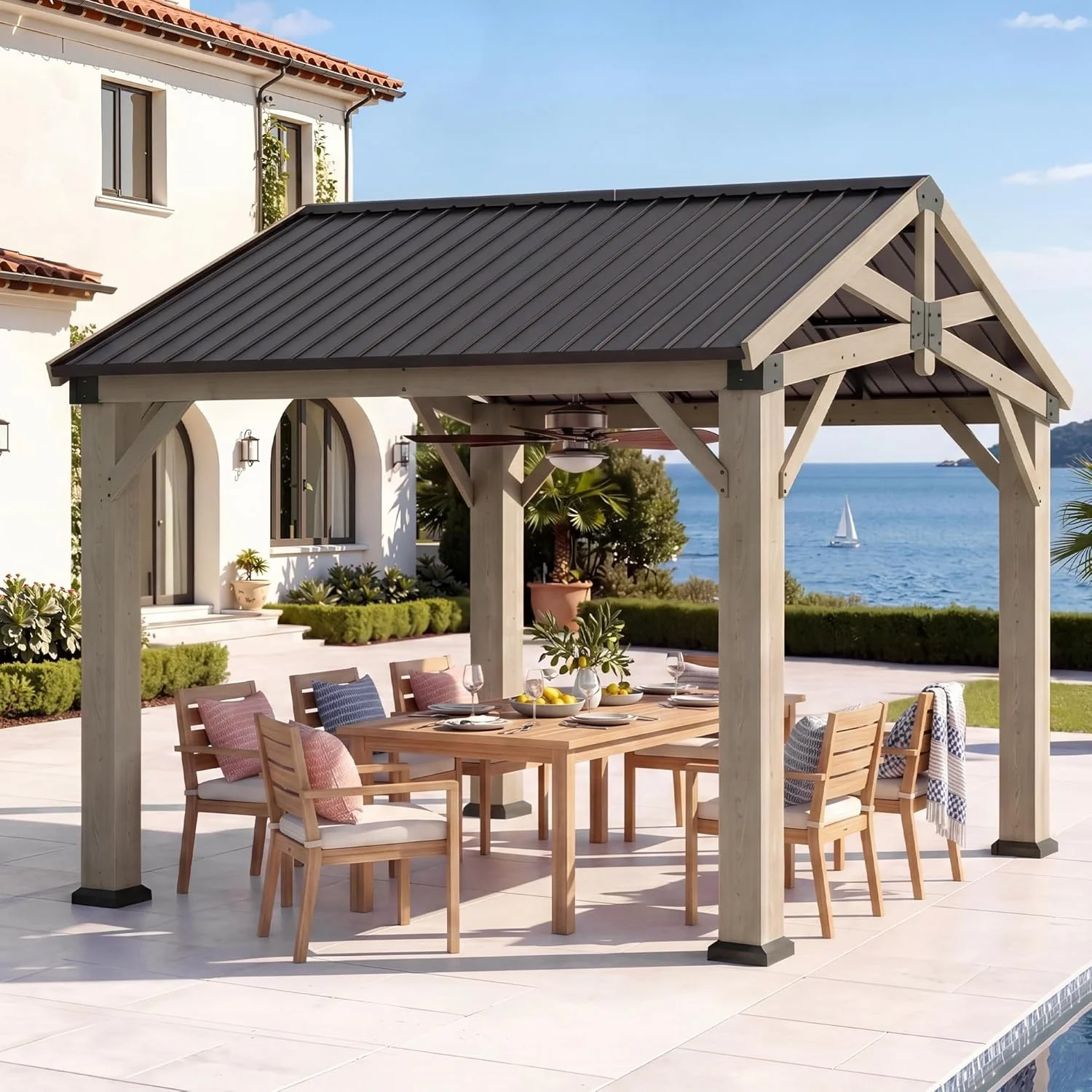 Nordivale 10x10 FT Outdoor Wood Gazebo Hardtop Permanent Wooden Pavilion with Galvanized Steel Gable Roof Cedar Wood for Patio Garden Backyard