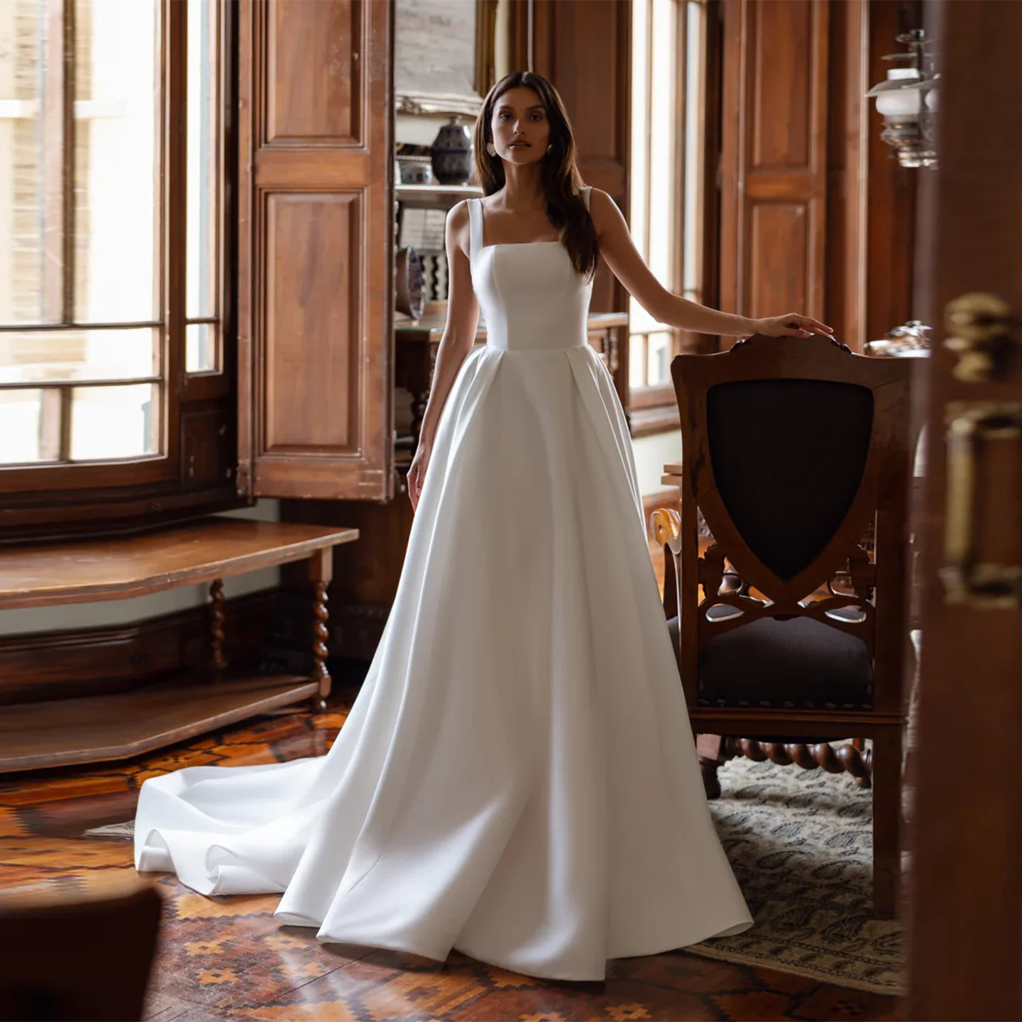Sharon Said 2026 Simple Square Collar Satin White Wedding Dress Elegant A-Line Sleeveless Corset Bride Gowns SW407 Customized