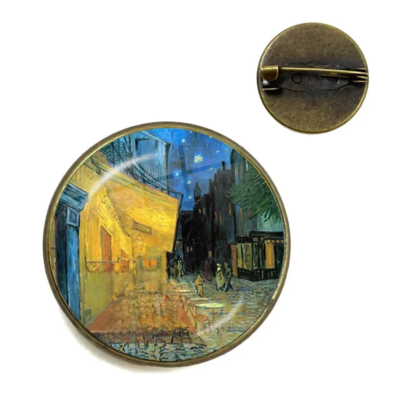 Retro Van Gogh Art gwiaździstej nocy słonecznik broszki 20mm szkło Cabochon Dome biżuteria tornister brązowy broszka przypinki dla kobiet mężczyzn — zdjęcie 2