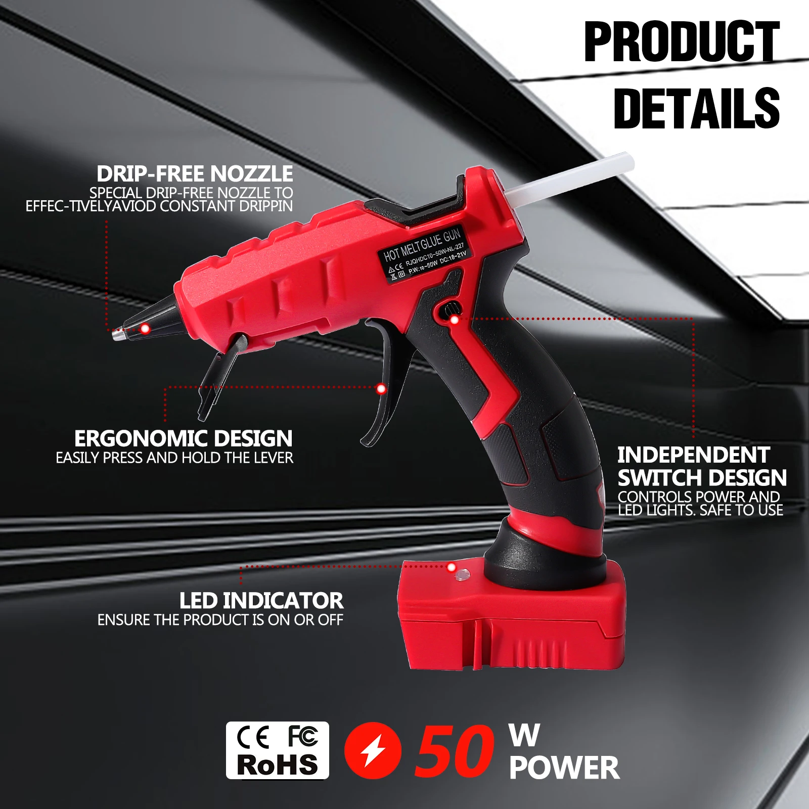50W Cordless Hot Glue Gun Handheld Electric Glue Gun DIY Repair Tool with 30pcs 7mm Glue Sticks for Milwaukee 18V Battery Pin