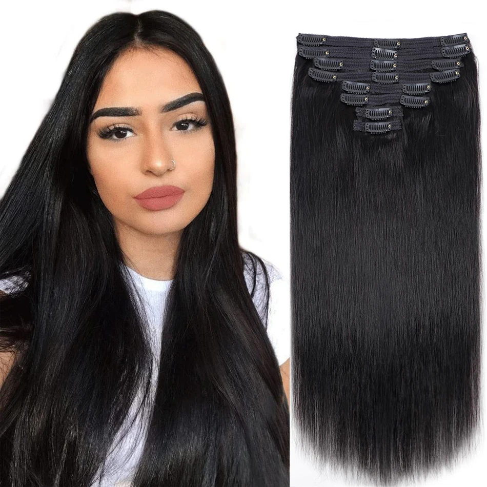 Grampo em extensões do cabelo para mulheres, reto, natural, preto, grosso, cabeça cheia, longa