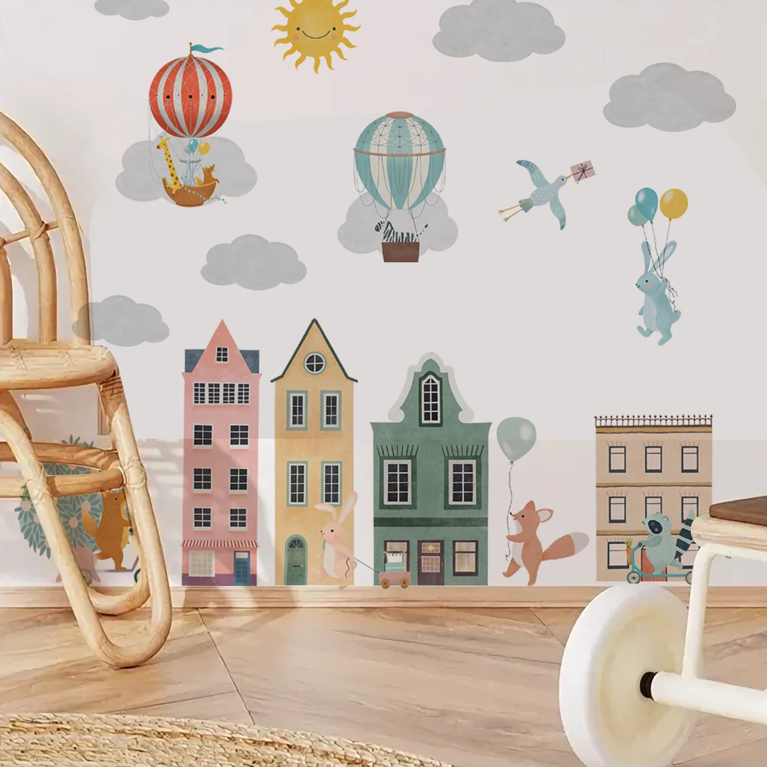 

Cartoon Animals City Hot Air Balloons Clouds Wall Sticker Nursery Child Room Art Vinyl Decal Kids Room Bedroom Living Home Decor