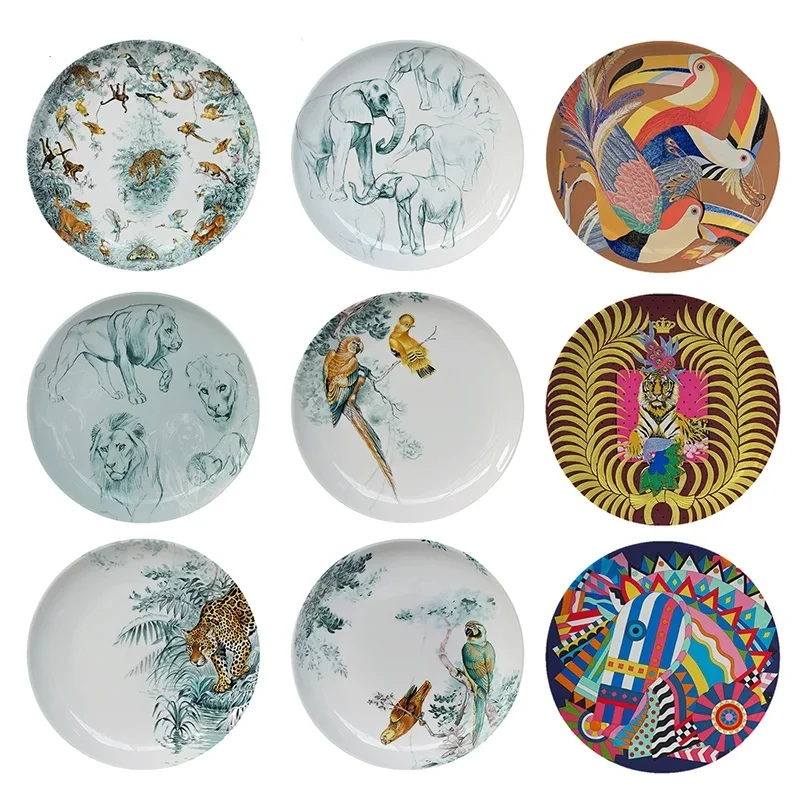 Assiette de la jungle équatoriale, illustration du royaume des animaux sauvages, plat décoratif, artisanat en céramique, escalade ronde, tigre, singe, perroquet
