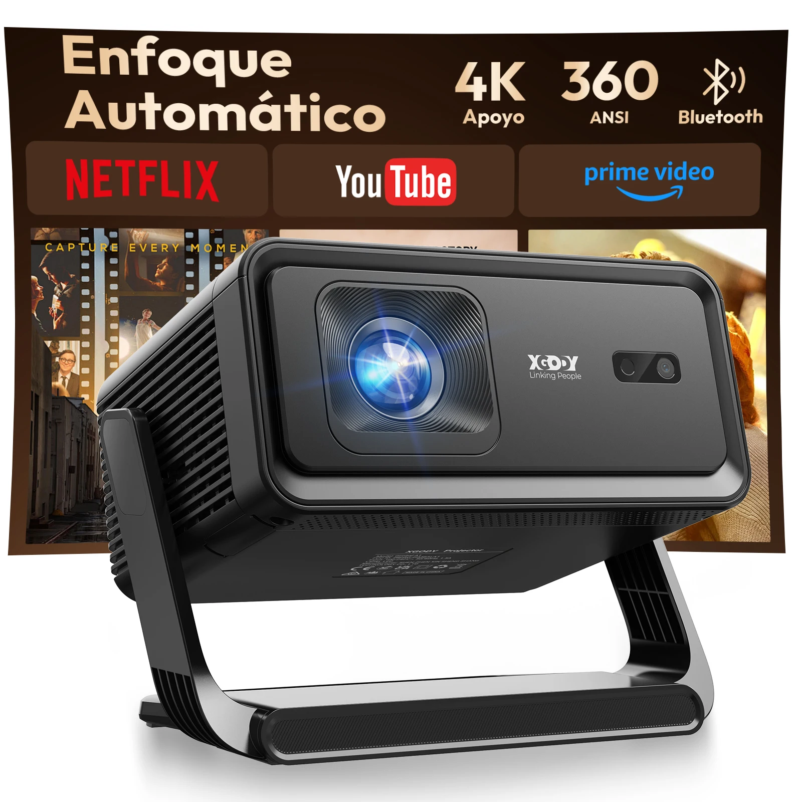 XGODY 360ANSI 8K 4K projector Autofocus Android14 Native 720P Gimbal A1 with Wifi6 BT5.4 16G Allwinner H726 Portable Outdoor