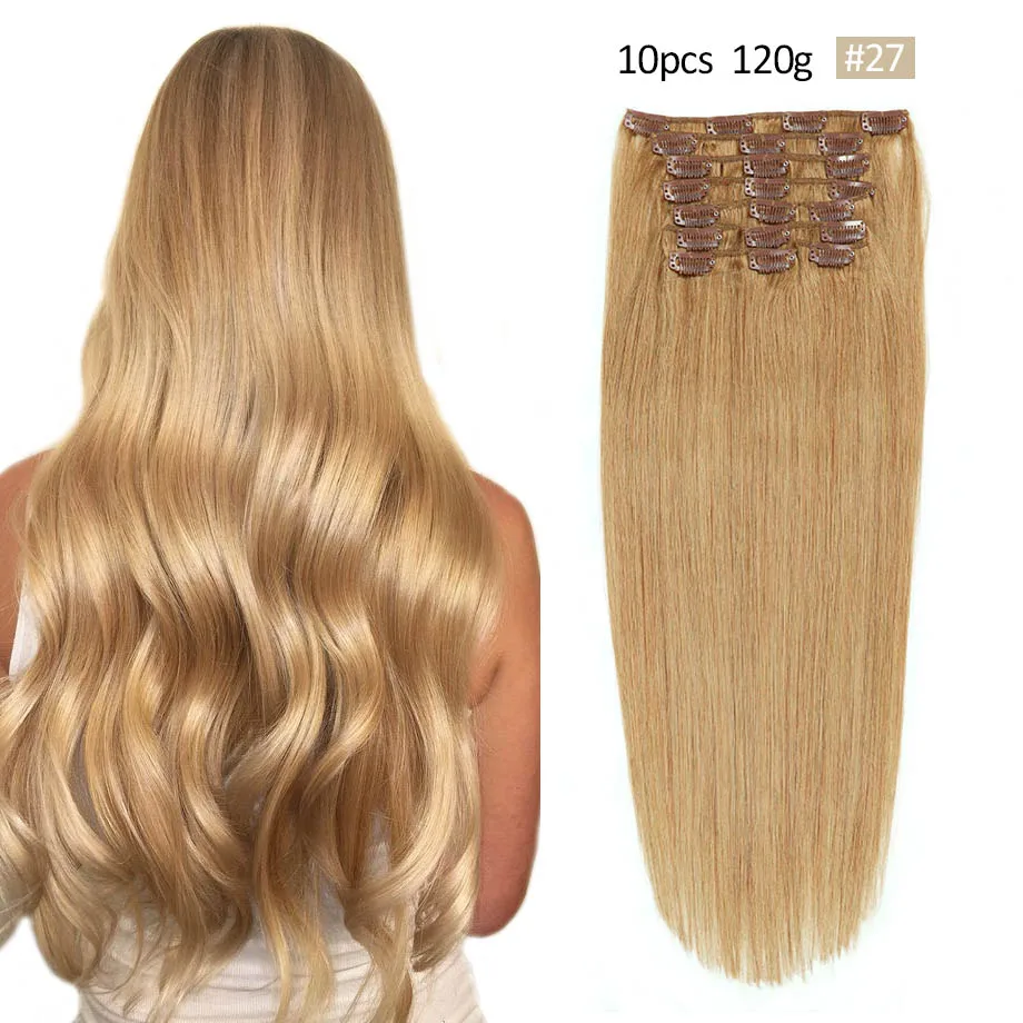 

Clip in Hair Extensions Real Human Hair 120g 10Pcs #27 Dark Blonde Straight Hair Brazilian Remy Human Hair Extensions Clip ins