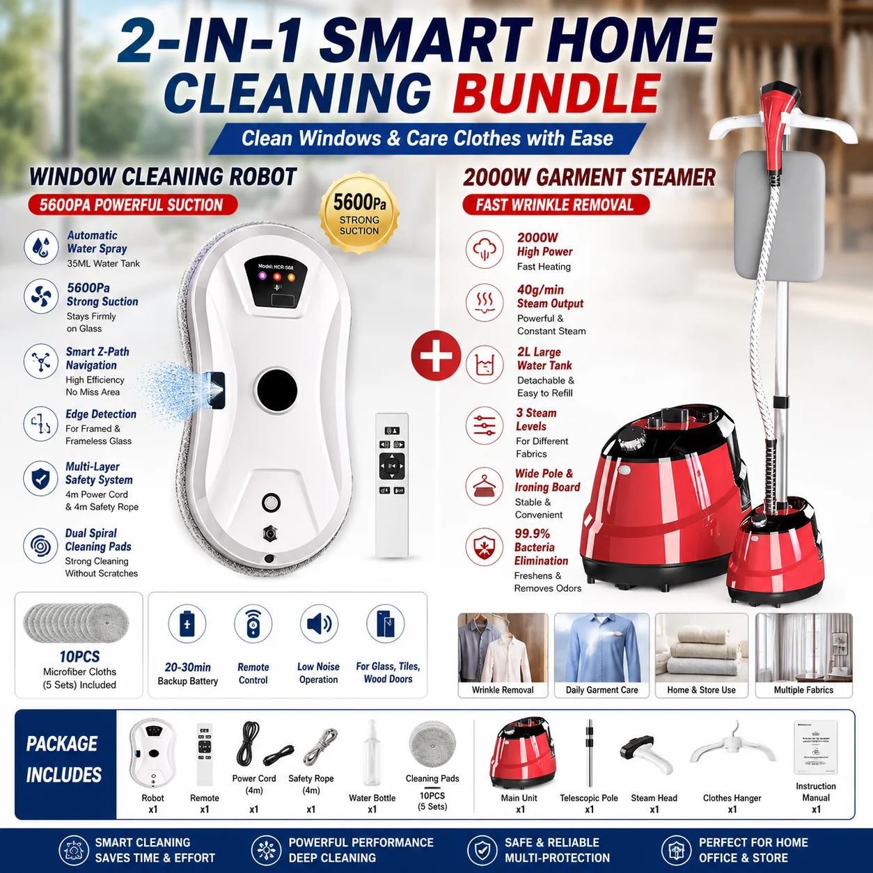 Fensterputzroboter 5600Pa Auto-Spray Intelligente Navigation & 2000W Dampfglätter 2L Vertikales Bügeleisen 40g/min Reinigungsset
