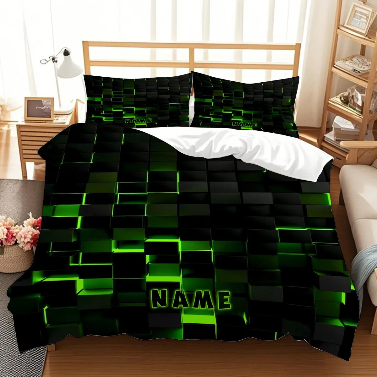 Green Pixel Block Print Bedding Set with a Futuristic Feel Breathable and Soft for All Seasons Durable Machine Washable
